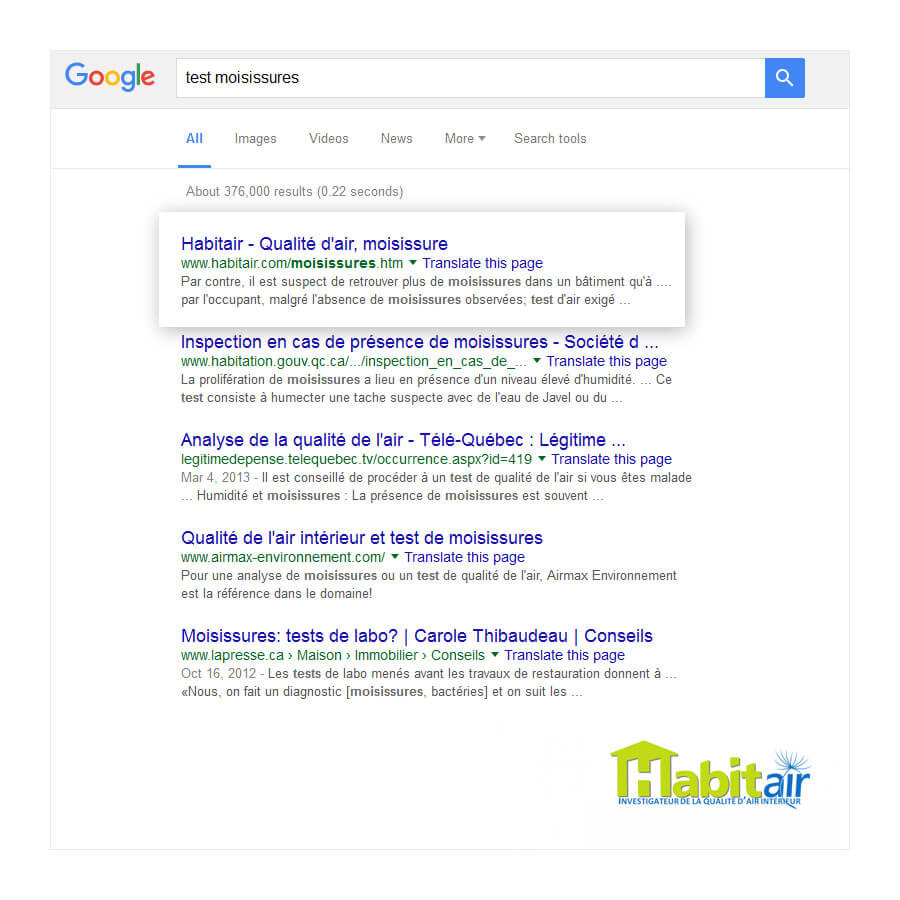 Capture d'écran de recherche pour démontrer la première position de Habitair dans Google
